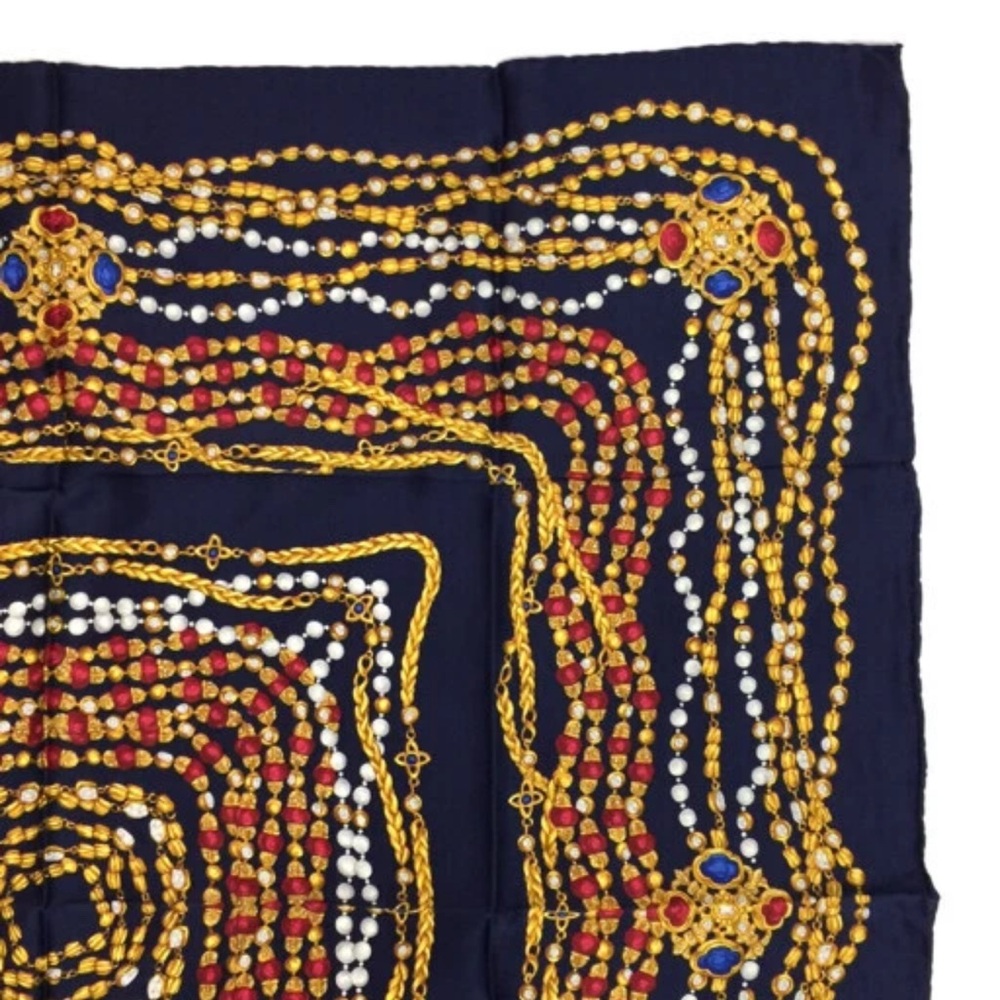 Authentic CHANEL Silk head Scarf large 34”x 34” 87cm Navy Red Gold Classic rope - Picture 14 of 16